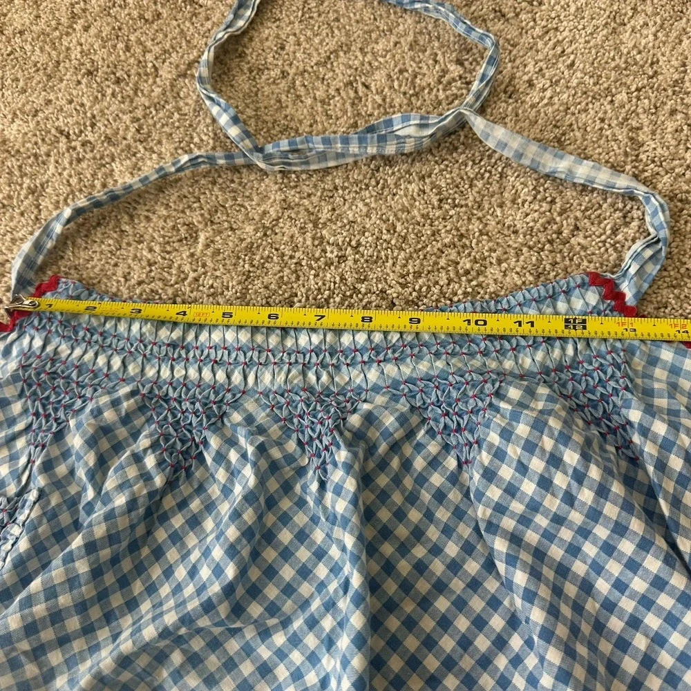 Vintage Blue Gingham Half Apron Handmade Smocked Waist Pocket Tie Back Farmhouse
